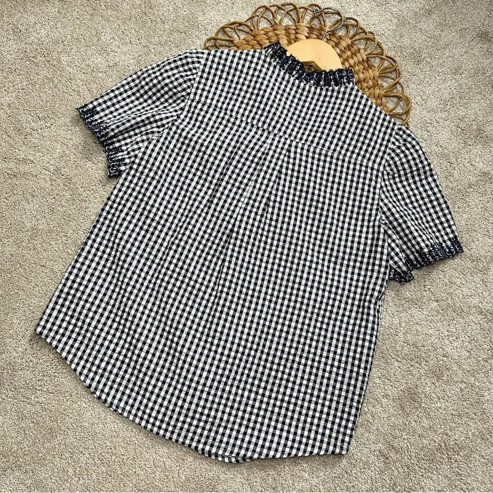 J.Crew Embroidered Indigo Crinkled Gingham Short Sleeve Navy White Top Cotton XS